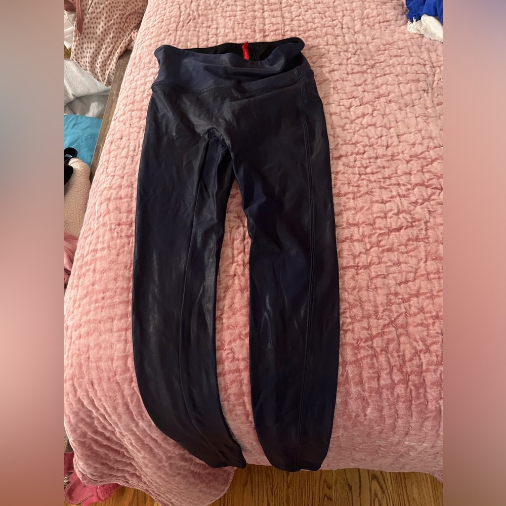 spanx coated navy leggings